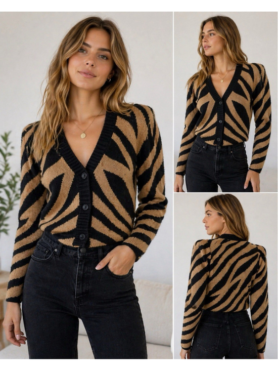 Black Sweaters - Saltwater Luxe Zebra Print Cardigan Sweater Small Camel Black Rare NWT